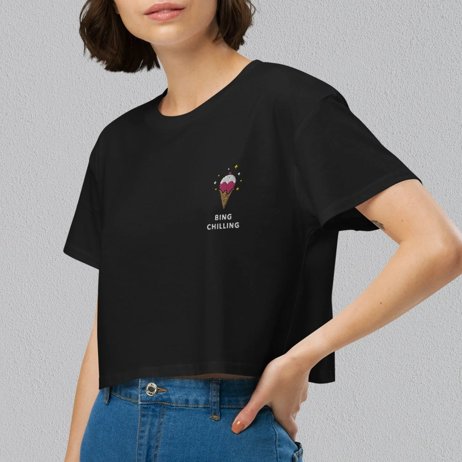 Bing Chilling Embroidered Crop T-Shirt