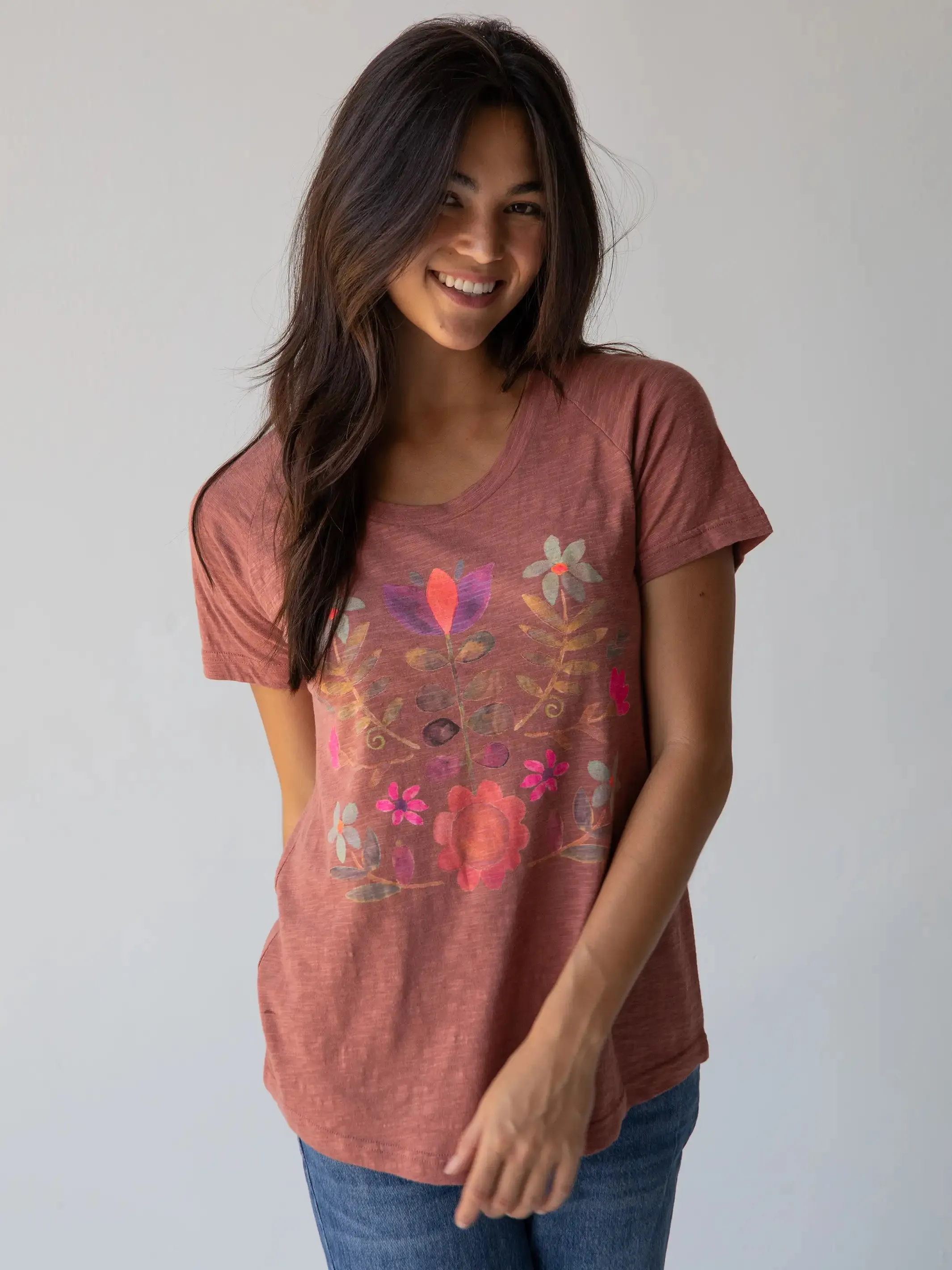 Boho Cotton Tee Shirt - Rust Folk Flower