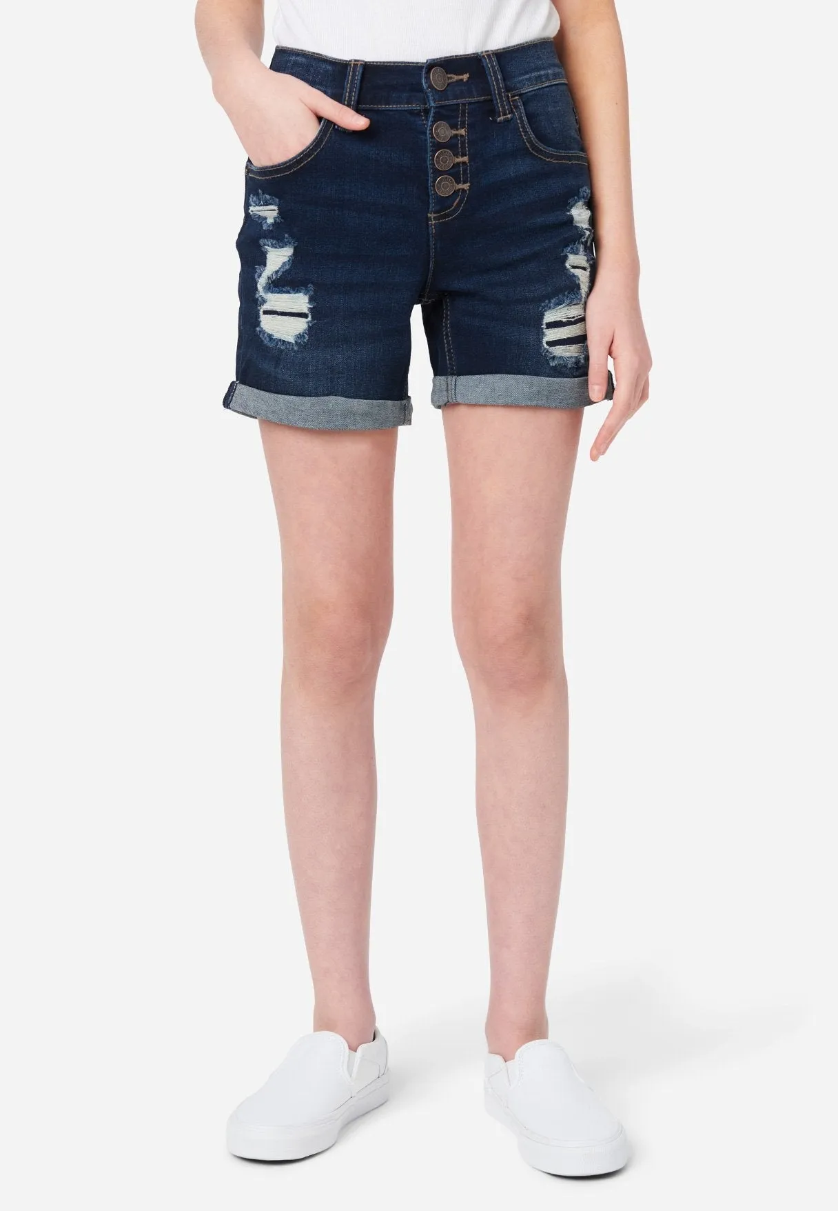 Button-Up Midi Denim Shorts