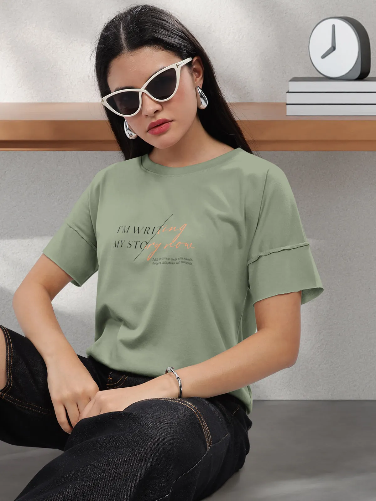 HELLCAT Light Olive Printed Regular Fit Raw Edge Crew Neck Crop T-Shirt for Women