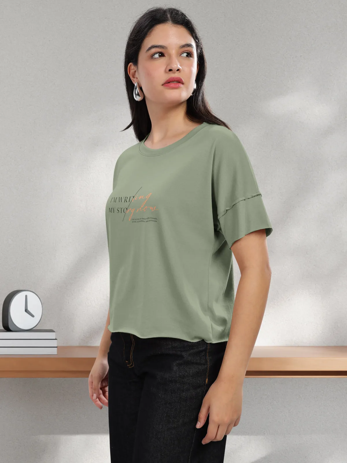 HELLCAT Light Olive Printed Regular Fit Raw Edge Crew Neck Crop T-Shirt for Women