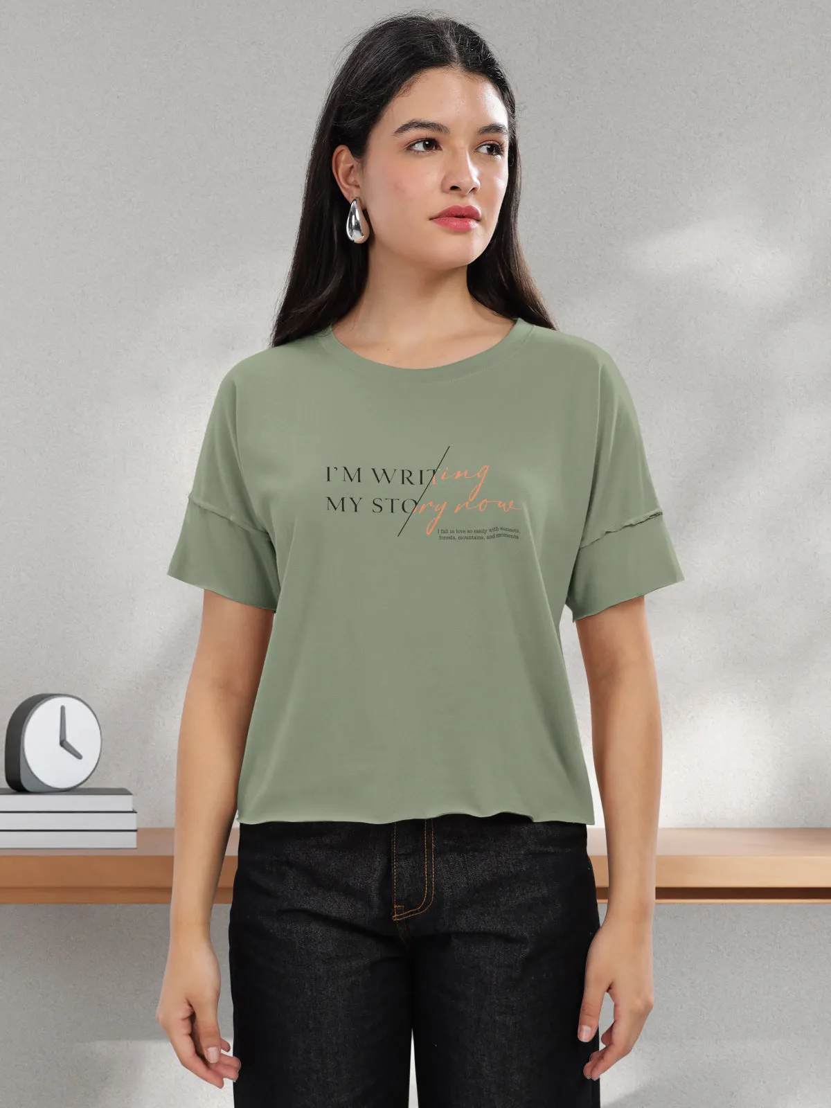 HELLCAT Light Olive Printed Regular Fit Raw Edge Crew Neck Crop T-Shirt for Women