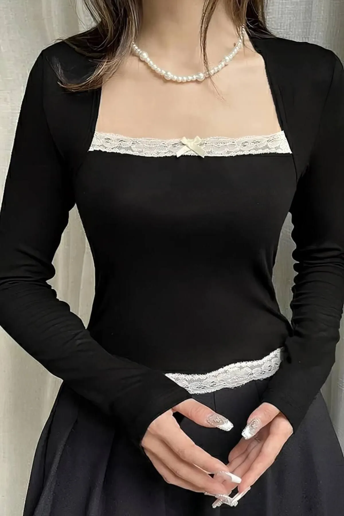 LONG SLEEVE LACE DETAILED BLOUSE