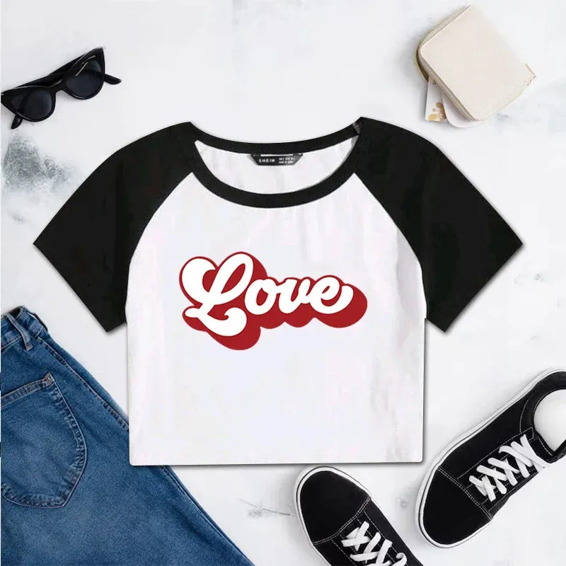 Love American Sports Style Crop Top O-Neck Baby Tee Crop Top