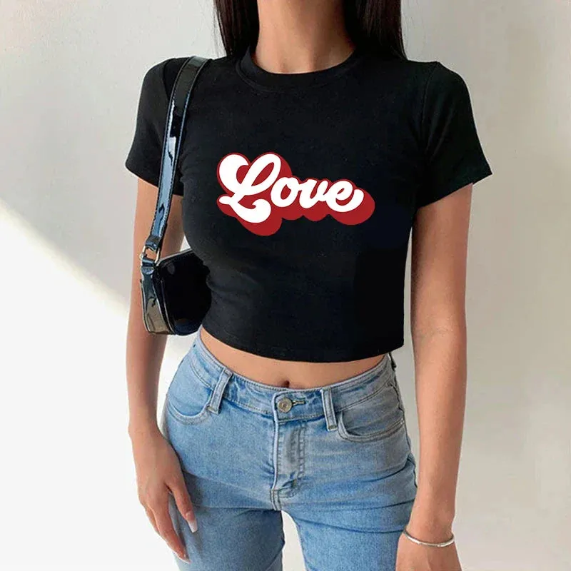 Love American Sports Style Crop Top O-Neck Baby Tee Crop Top