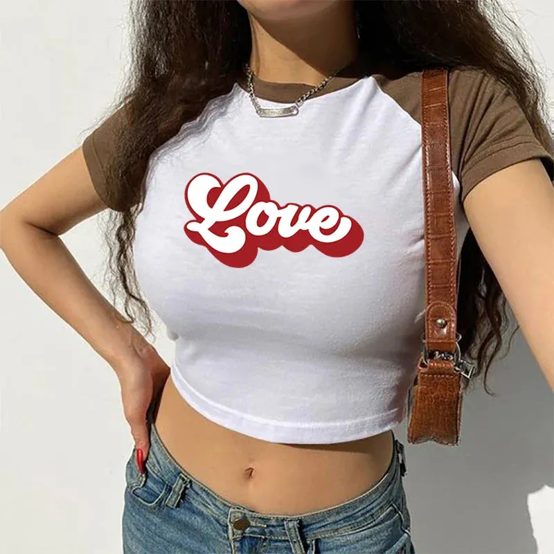 Love American Sports Style Crop Top O-Neck Baby Tee Crop Top