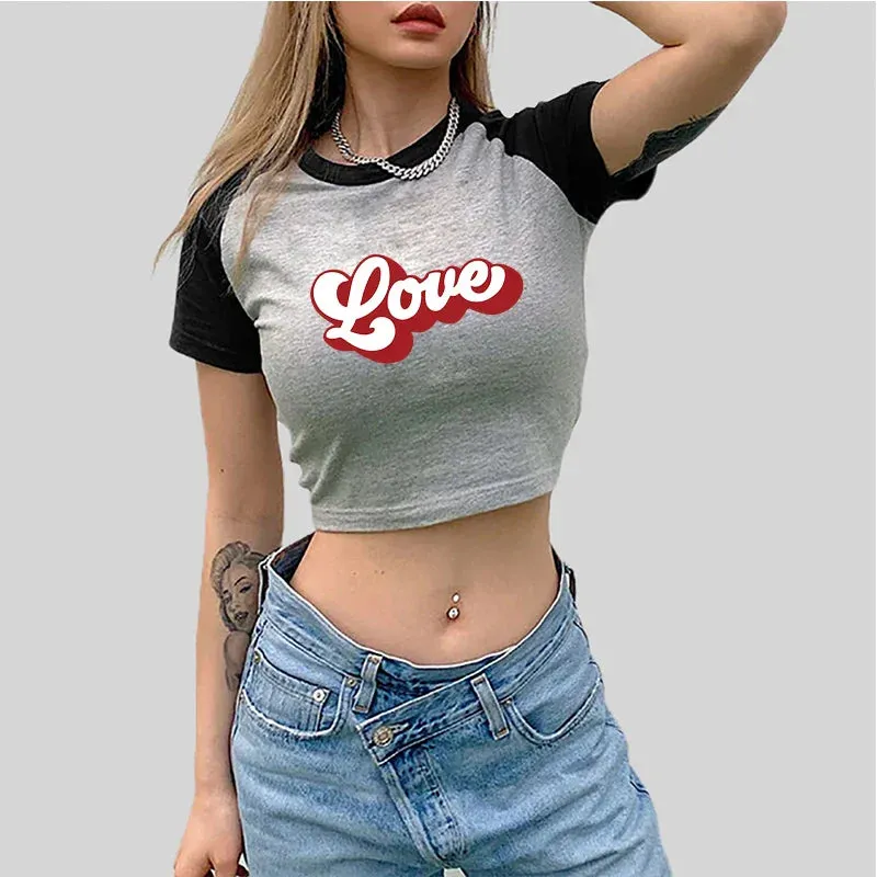 Love American Sports Style Crop Top O-Neck Baby Tee Crop Top