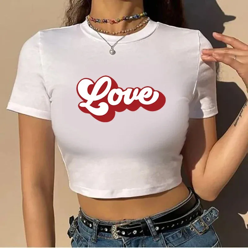 Love American Sports Style Crop Top O-Neck Baby Tee Crop Top