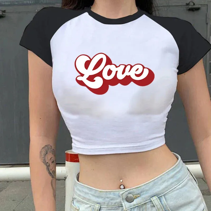 Love American Sports Style Crop Top O-Neck Baby Tee Crop Top