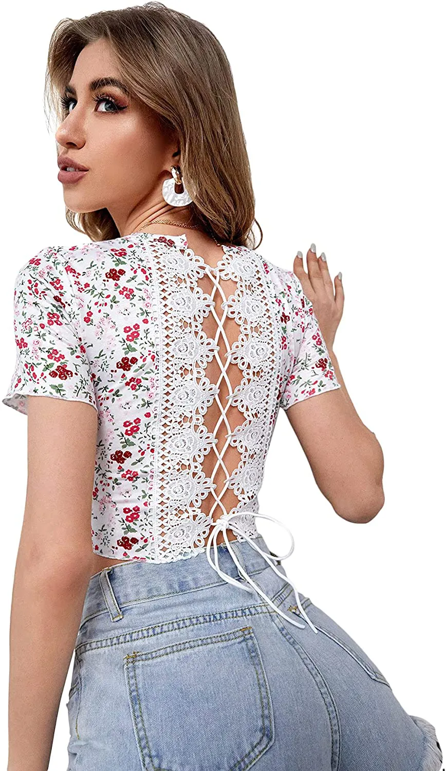 MakeMeChic Women's Criss Cross Lace Up Tie Back Short Sleeve Crop Top Tee