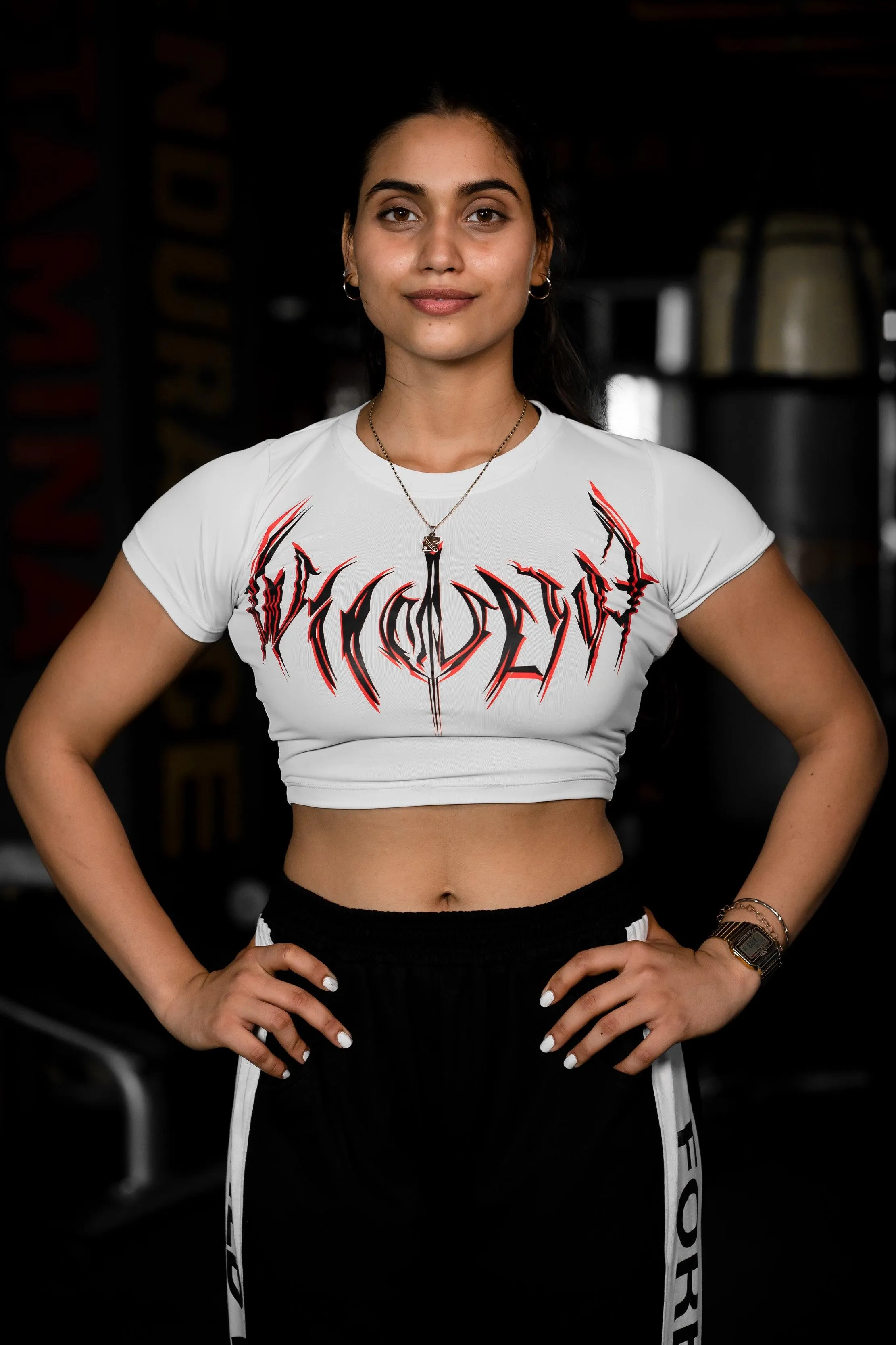 NIGHT WALKER ELITE CROP COMPRESSION FIRE RED PRINT (CELESTIAL WHITE)