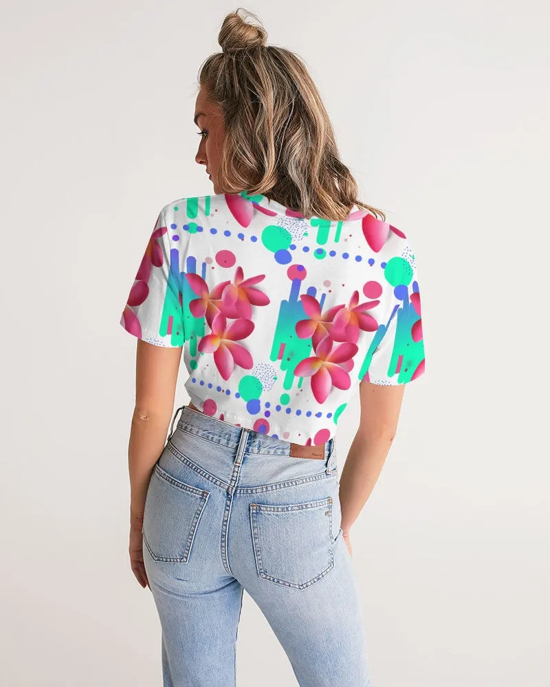 Pink Plumeria Floral Twist Front Crop Top