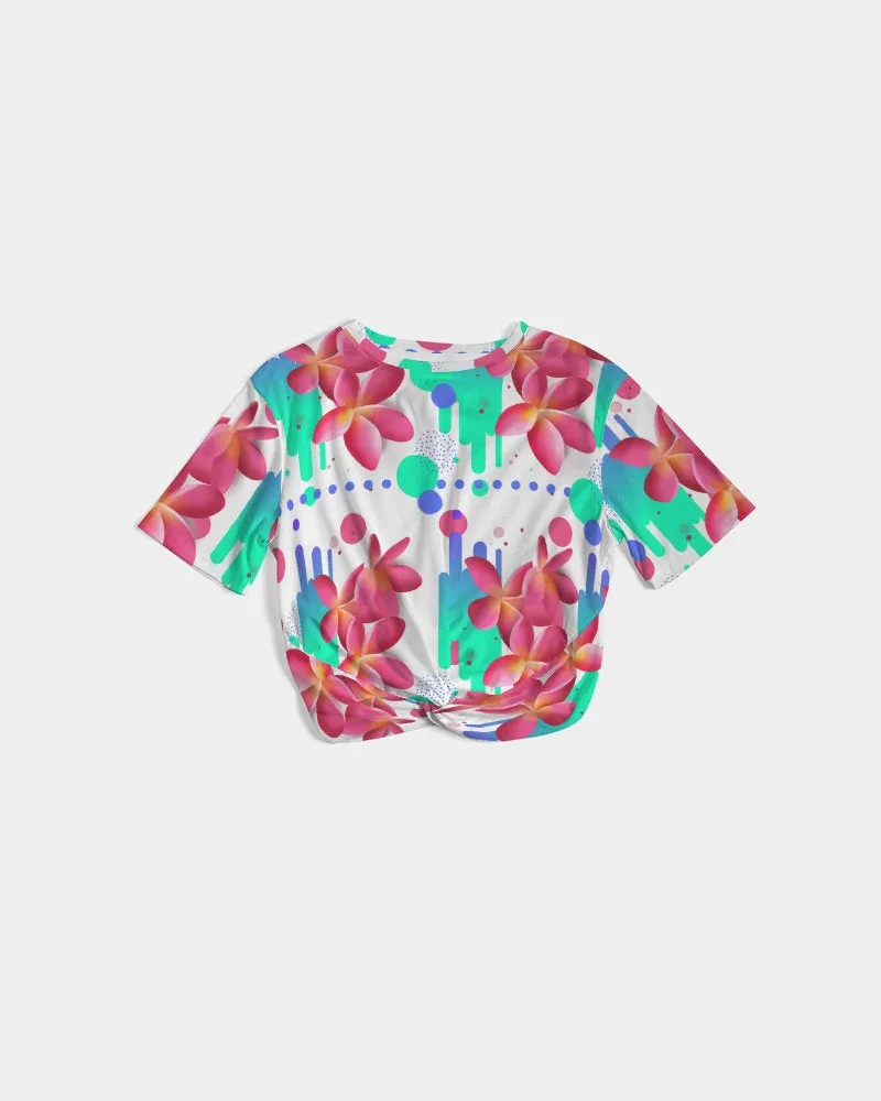 Pink Plumeria Floral Twist Front Crop Top