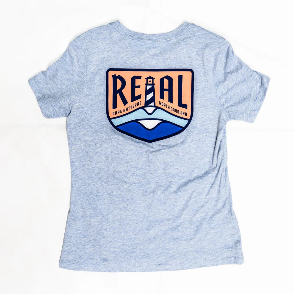 REAL Wmn's Lighthouse Badge Tee-Heather Prism Blue