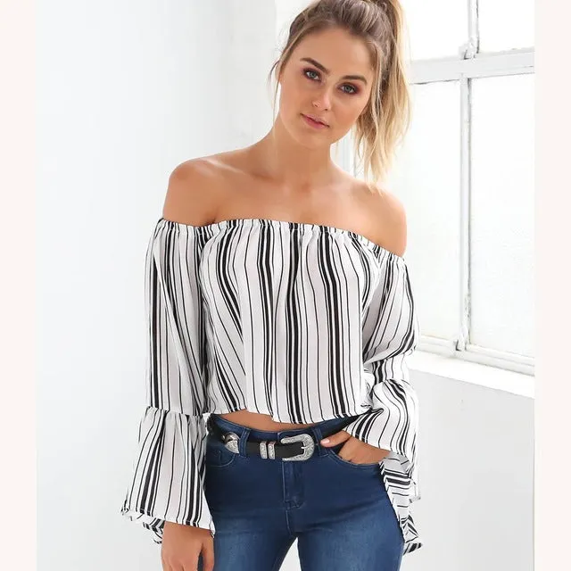 Summer Women Striped Sexy Slash Neck Long Flare Sleeve Boardwalk Off Shoulder Crop Tops Plus Size Women's T Shirts