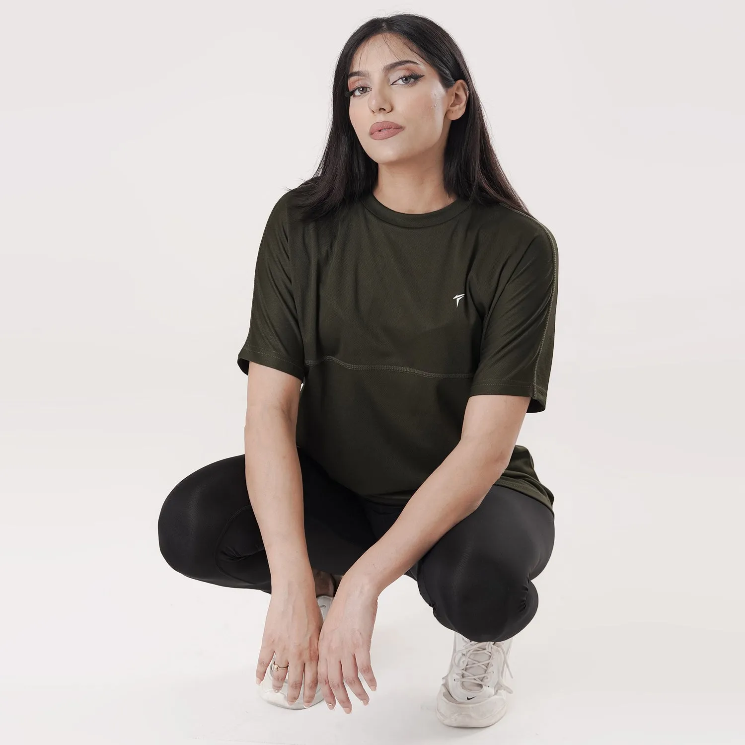 Tf-Olive Relaxed Fit Long Mesh Women Tee