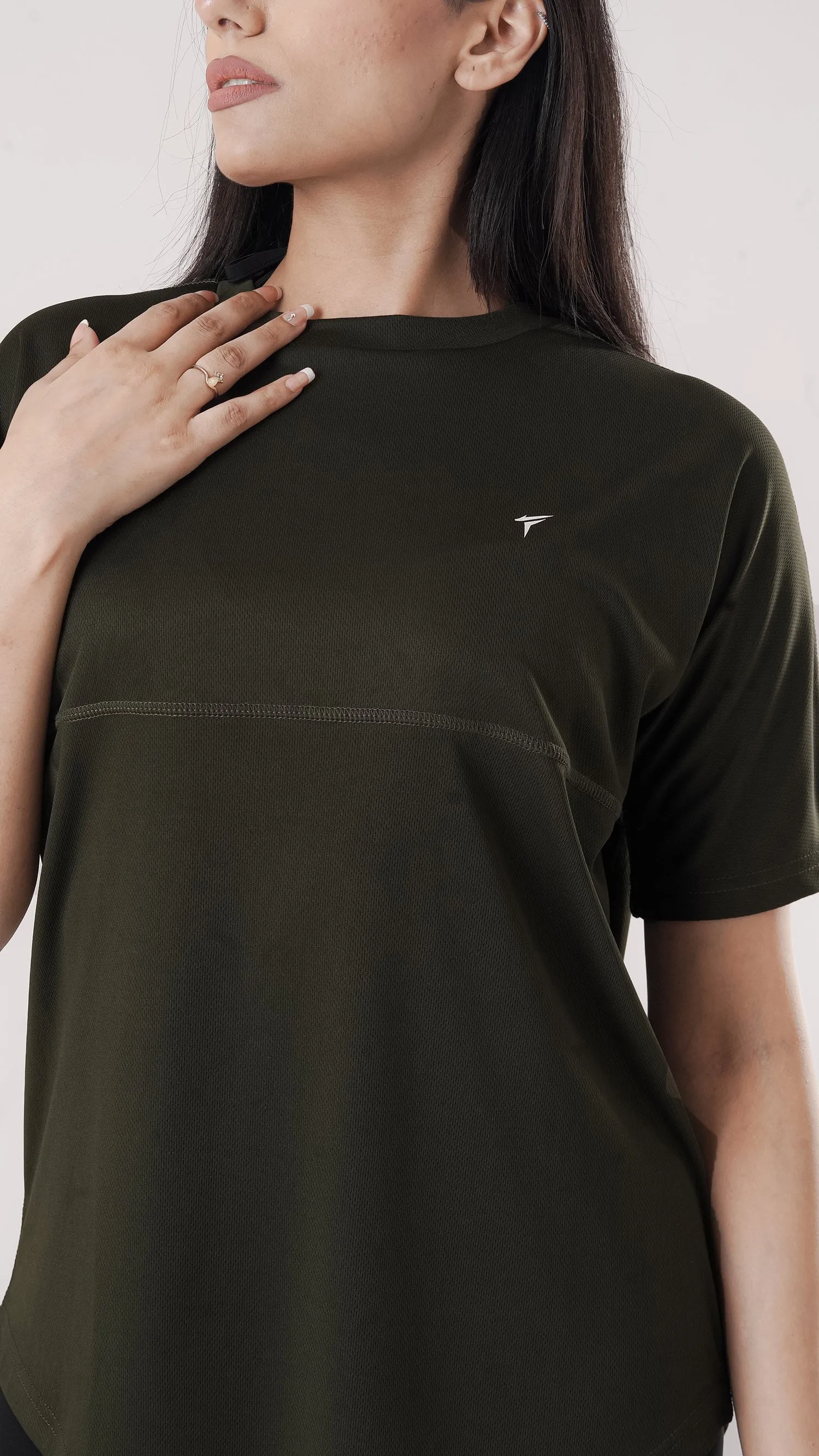 Tf-Olive Relaxed Fit Long Mesh Women Tee