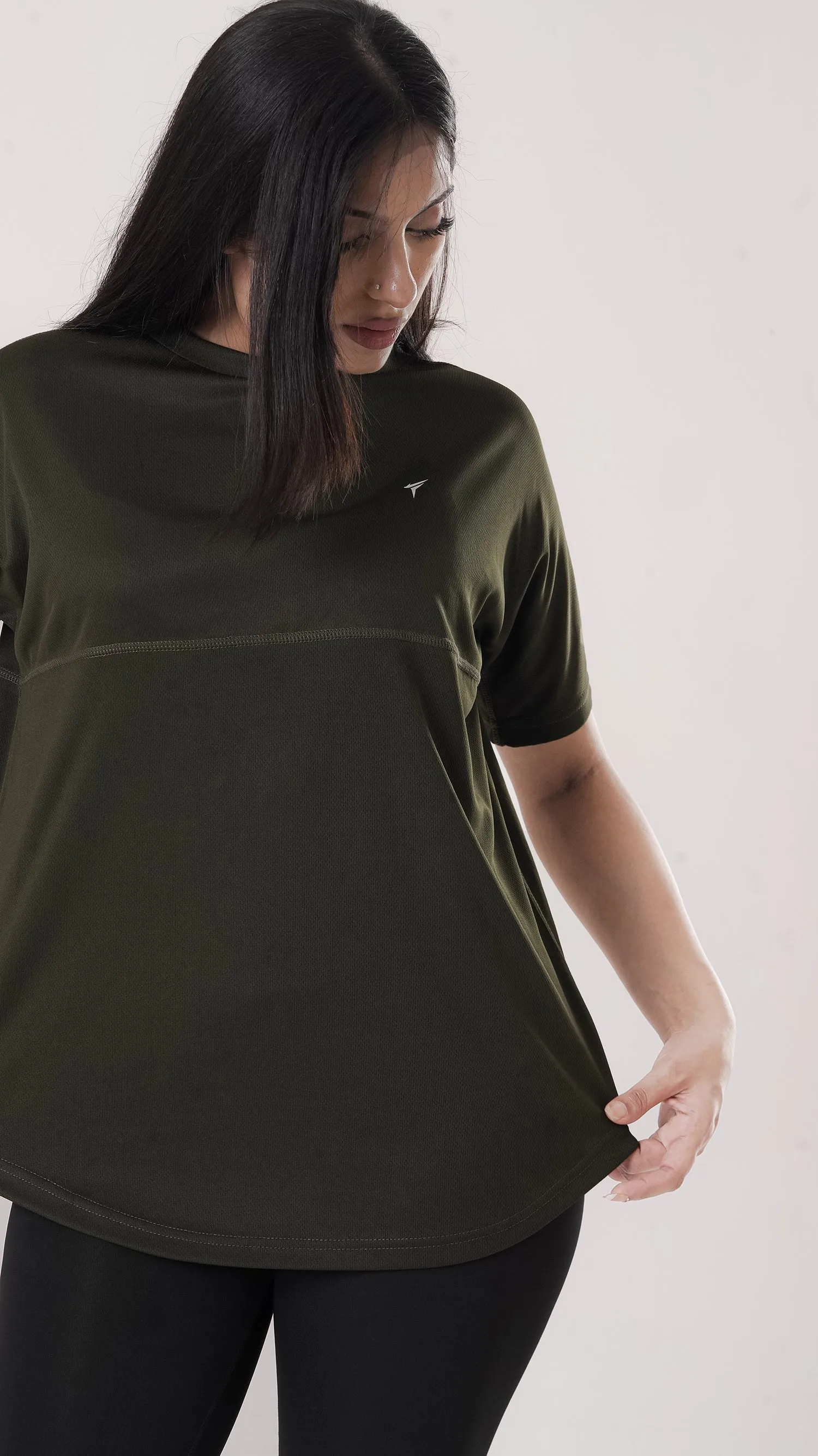 Tf-Olive Relaxed Fit Long Mesh Women Tee