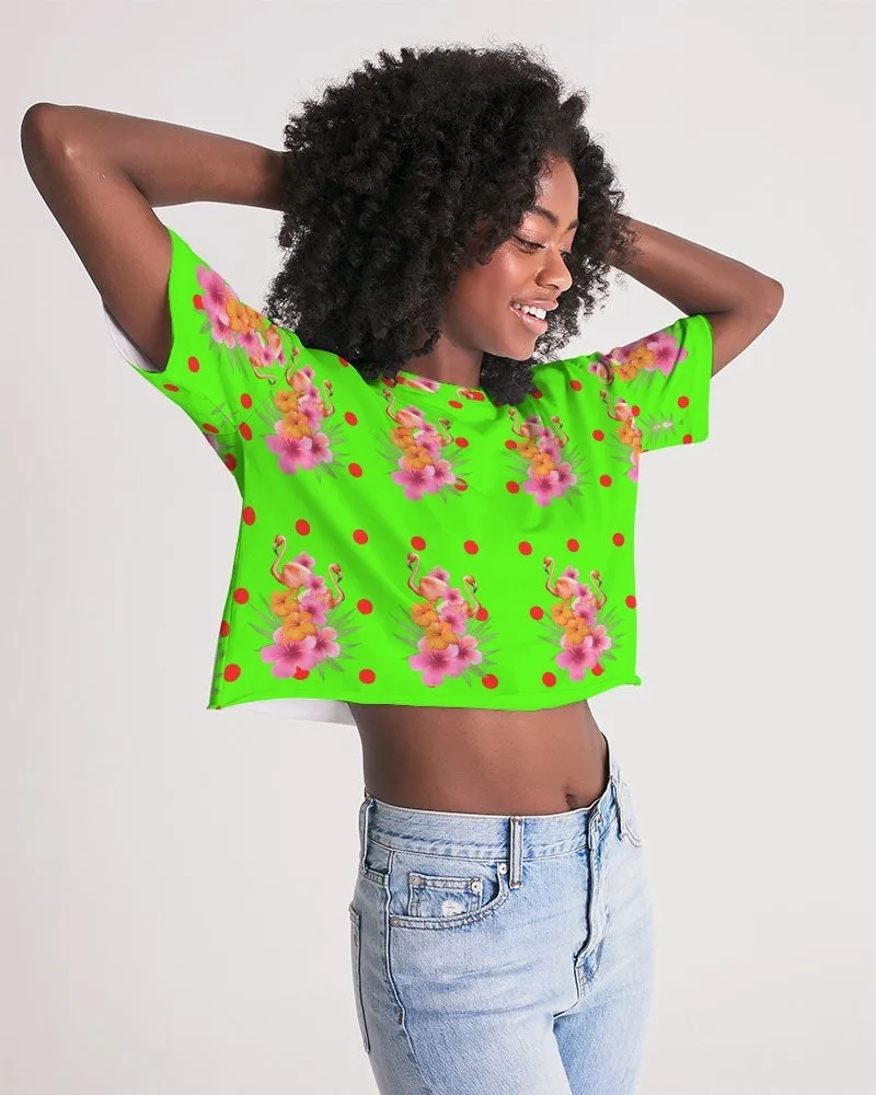 Tropical Lime Green Flamingos Cropped Top