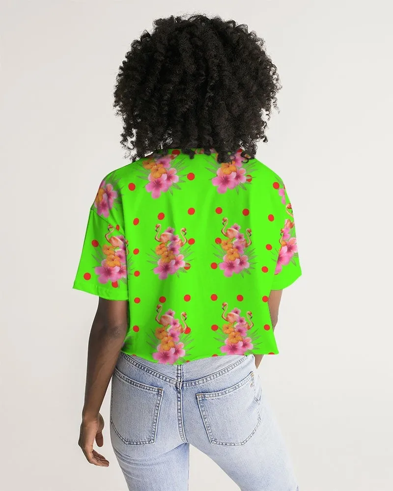 Tropical Lime Green Flamingos Cropped Top