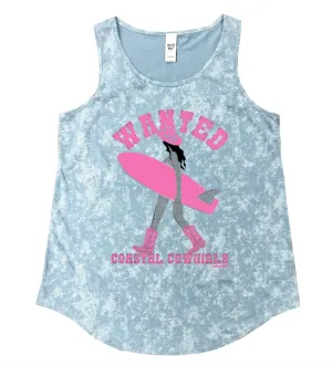 Wanted Coastal Cowgirls On Blue Acid Wash Tank Top